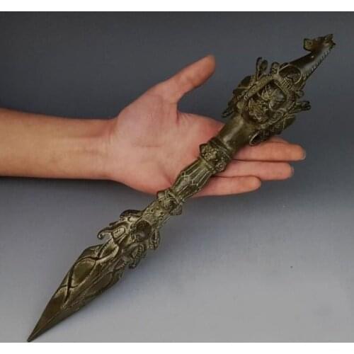 LONG 35 CM/14 INCH COLLECTIBLE TIBET OLD BRONZE CARVED VAJRA JIANG MOCHU SCULPTURE/ANTIQUE DAGGER/HORSE HEAD SWORD STATUE R2007