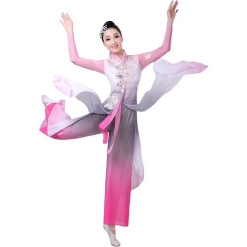 Chinese Style Hanfu Classical Dance Practice Clothes Female Dance Gauze Elegant Chinese Folk Dance Costume for Woman Grey Pink
