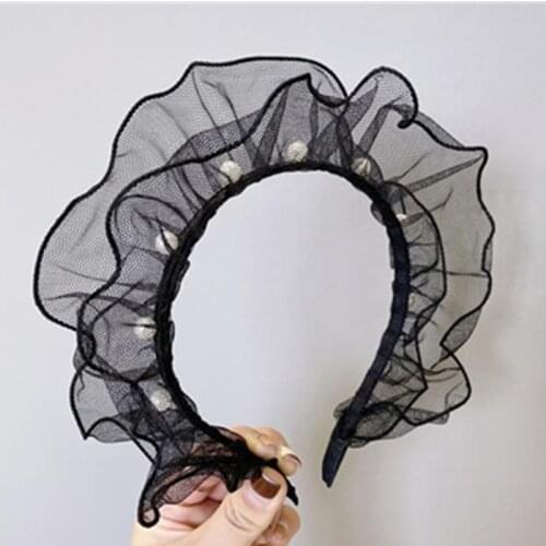 Black Mesh Hairband Pearls Adults Party Hair Ornament Exaggerated Lace Headband Fashion Show Hair Accessories Hair Hoop