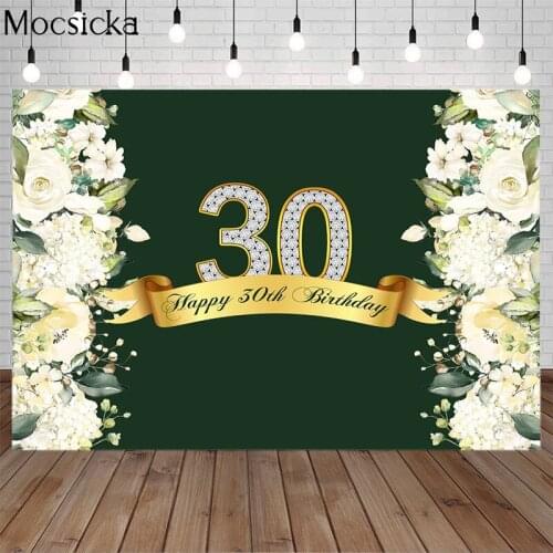 Mocsicka Dark Green Happy Birthday Party Backdrop 30 40 50 60 White Flower Banner Decorations Photography Background Photo Booth