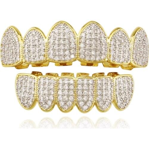 Fashion Men Jewelry Hip Hop Teeth Grillz 5A CZ Iced PavedTop & Bottom Dental Grills Tooth Grillz Teeth Caps Bling Free Shipping