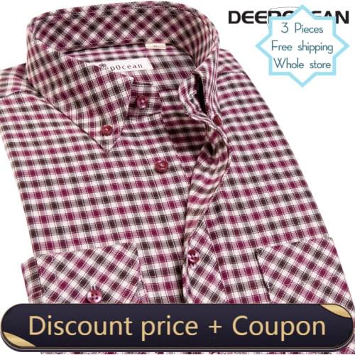 DEEPOCEAN Cotton Brushed Mens Long Sleeve Shirt Business Casual Plaid Fashion Pocket Cotton Shirt Red