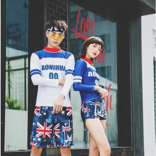 2019 Men Women Digital Printed Long Sleeve Swimsuit Denim Shorts Surfing Bathing Suits Swimwear Two Piece Surfing Bathing Suits