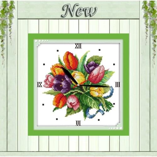 Tulip clock face colorful flower painting counted print on canvas DMC14CT 11CT Chinese Cross Stitch Needlework Set Embroider kit