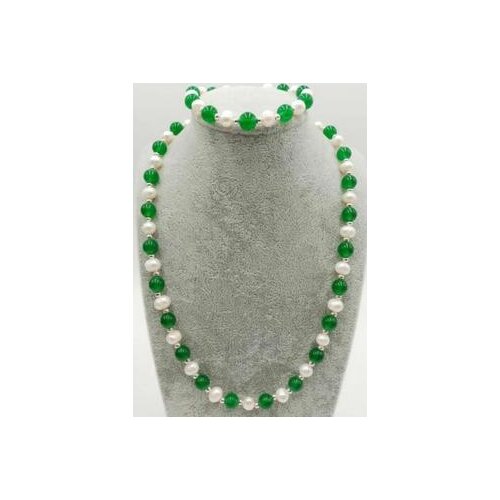 Natural 7-8mm White Pearl & 8mm Jade Beads Necklace 18'' Bracelet 7.5'' Set AAA