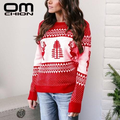 OMCHION Elk Tree Christmas Sweater 2019 Winter Pullovers Women Plus Size Knitted Streetwear Causal Long Sleeve Jumpers LMM03