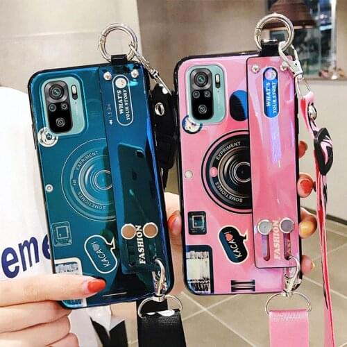 Wrist Strap Shockproof Holder Case For Xiaomi Redmi Note 10 Case Cover Redmi Note 10 4G Case Fundas Silicone Camera pattern