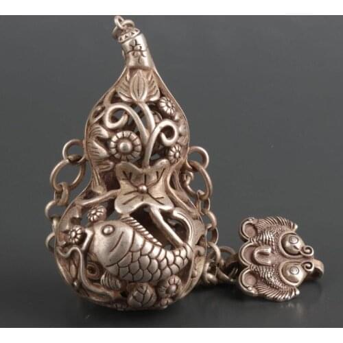 Rare Tibet Silver Copper Chinese Old Carved Statue Gourd Snuff Bottle Netsuke