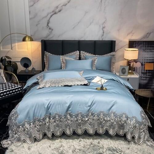Luxury European Style Eygpt Cotton Romantic Lace Blue Pink Bedding Skin-Friendly Duvet Cover Sheet Pillowcase Queen King 4 Pcs