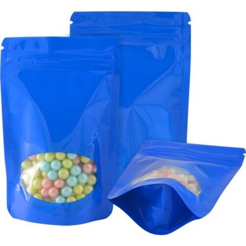 Blue Bag Blue Pouches One Side With Clear Window Stand Up Zip Lock Bag Food Storage For Snack Reusable 100 Pcs