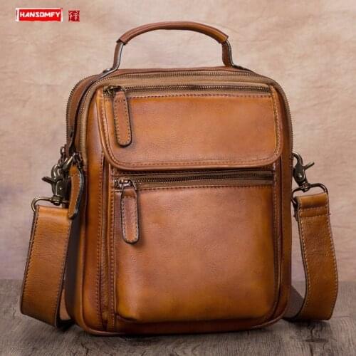 Retro genuine leather Mens bag first layer cowhide handmade business shoulder messenger bag male small handbags crossbody bags