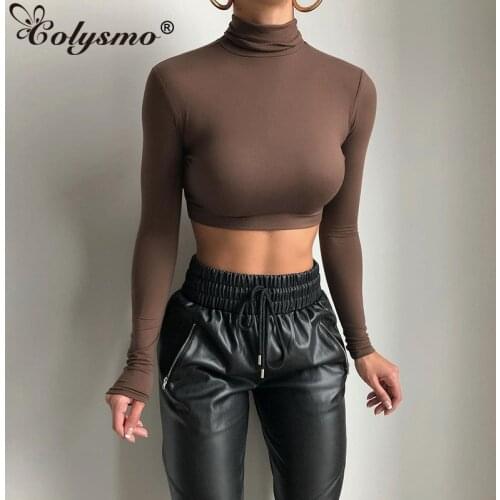 Colysmo Long Sleeve Top Women Solid Color Turtleneck Crop Top Slim Fit Streetwear Black Blouse Ladies Fashion Sexy Casual Tshirt