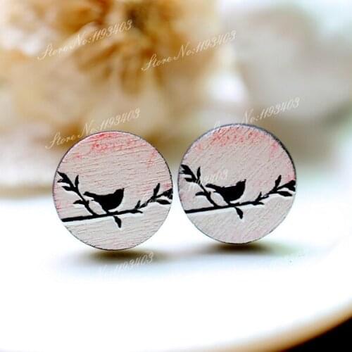 Unique 3D Bird Embossed 16mm Round Coloured Drawing pattern Laser Cut wood Cabochon DIY for Rings, Earring,Brooch,Necklace