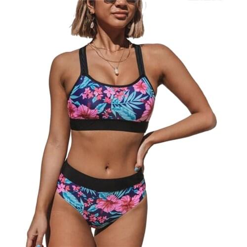 2021 New Womens Two Piece Bikini Suits Floral Print Sleeveless Tops and High Waist Bikini Swimming Suit For Women Summer Set