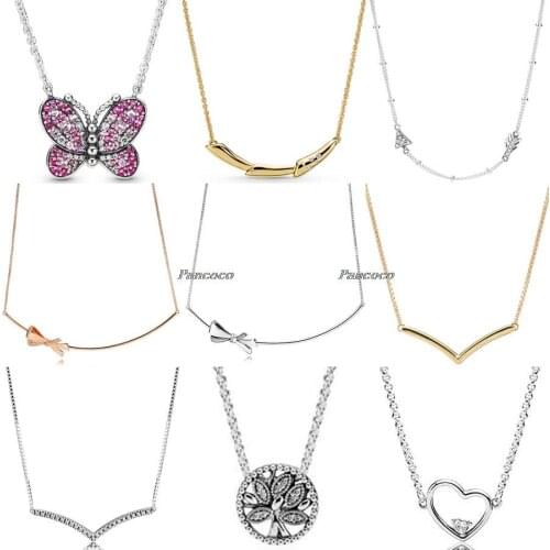 Authentic 925 Sterling Silver Dazzling Pink Butterfly Necklace For Women Wedding Party Gift Pandora Jewelry