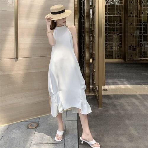 French Vintage Chiffon Dress Women Solid Designer Sleeveless Slim Elegant Fairy Dress Summer Halter Holiday Party Dress Vestidos