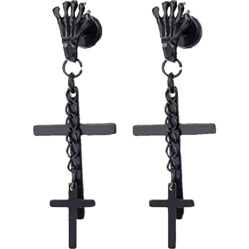 361L Stainless Steel Skeleton Cross Pendant Screw Back Earrings