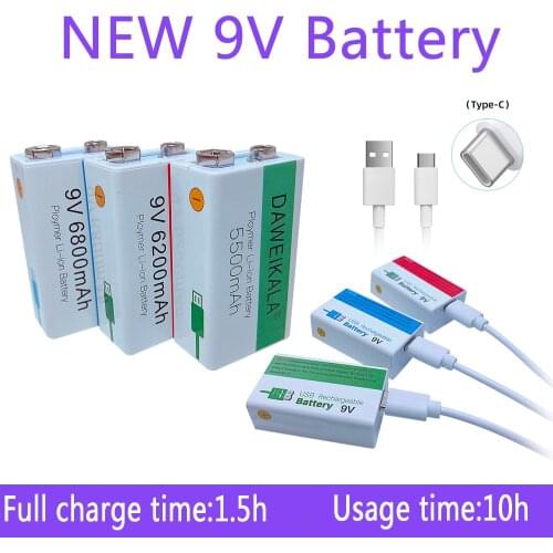 100% orignal 9V battery 9V li-ion Rechargeable battery Micro USB Battery 9V lithium for Microphone Toy USB charging cable