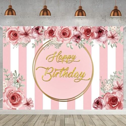 White Pink Striped Sweet 15 16 Girl Happy Birthday Backdrop Rose Flowers Women Birthday Party Banner Decor Background For Photo