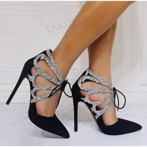 BERZIMER Women Heels Pointed Toe Party Bling Glitter Patchwork Lace Up Sandals Stiletto Heels Laies Shoes Woman Size 41 42 45 47