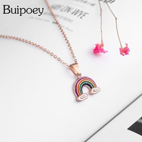 Buipoey Rose Golden Rainbow Pendant Necklaces For Women Girl Original Wedding Engagement Charm Wife Necklace Collar Jewelry Gift