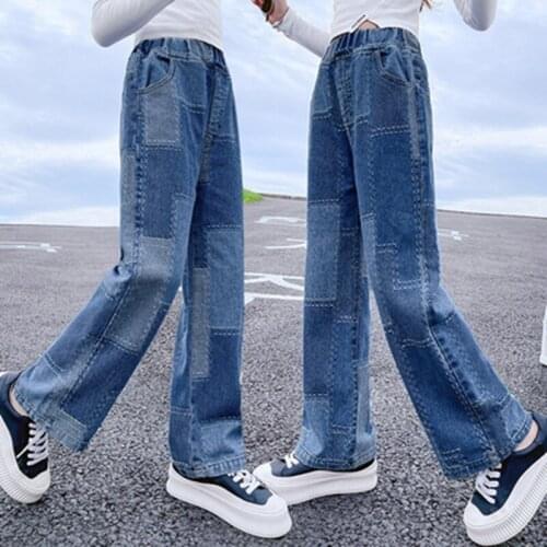 Teen Boys Girls Denim Pants Spring Autumn Fashion Big Square Novelty Patch Print High Waist Loose Trousers Unisex Kids 5-14Years