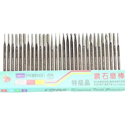 30pcs Diamond Burr Grinding Head Mounted Point sets 3mm Shank Jade Stone Carving Polishing for Dremel Rotary Tool Accessories