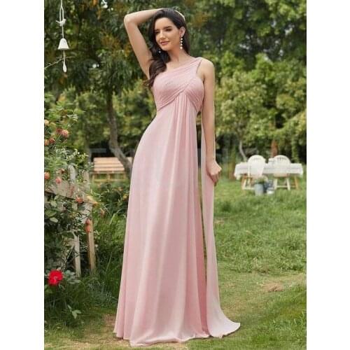 Pink Cheap Bridesmaid Dresses Under 50 Empire One Shoulder Floor Length Chiffon Long Wedding Party Dresses For Women