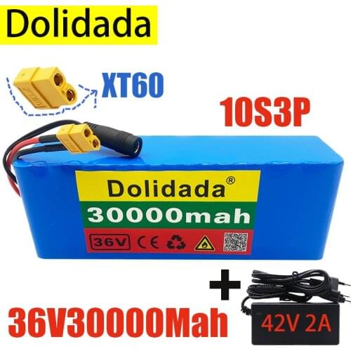 New 10S3P 36V 30Ah XT60 500W high power capacity 42V battery pack 30000mAh electric bicycle bicycle scooter BMS with charger