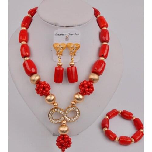 Latest Red Coral Jewelry Set Nigerian Wedding Coral Beads African Necklace 12-D-01