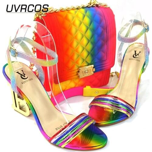 Rainbow Design 2021 Special Arrivals Summer Women Shoes and Bag To Match High Quality with Shinning Crystal in Colour Color