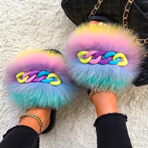 Real Fox Fur Slippers Fluffy Flip Flops Shiny Chain Plush Slippers Furry Fur Slides Home Beach Flat Sandals Women Fashion Shoes