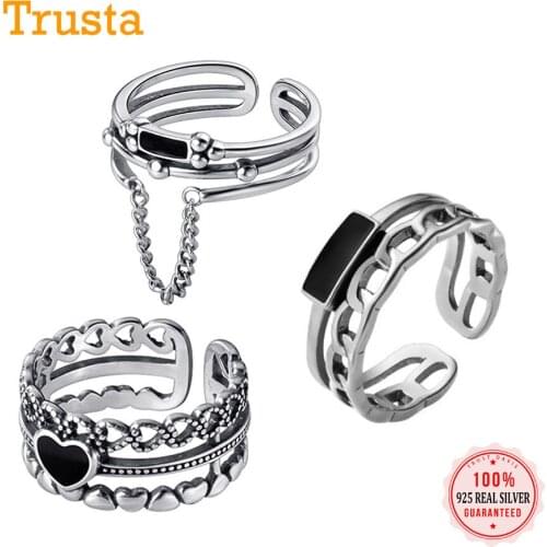Trustdavis Real 925 Sterling Silver Sweet Romantic Heart Black Glaze Opening Rings For Fashion Women Wedding Fine Jewelry DB1312