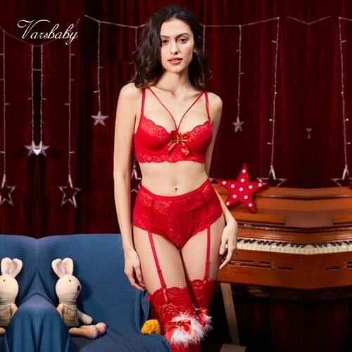 Varsbaby sexy hollow christmas big red deep V 3pcs bras+panties+stockings lovely bow bra set