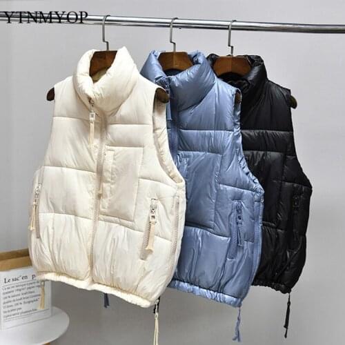 YTNMYOP Autumn Winter Women Solid Loose Vest Stand Collar Short Vest Jacket Cotton Padded Female Windproof Warm Waistcoat