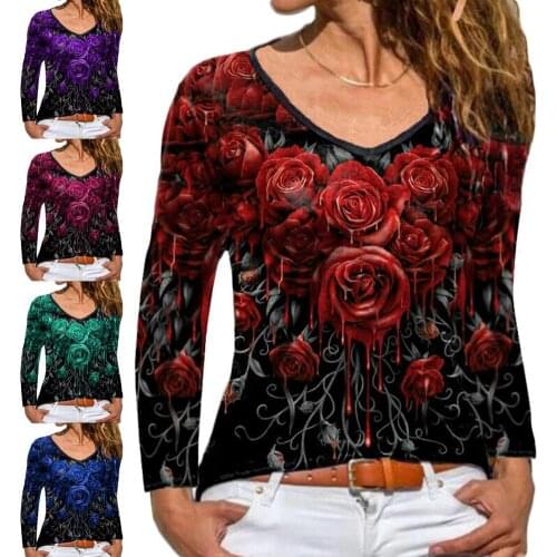 Long Sleeve Women T-shirt Rose Printing Casual V Neck SlimS1 FitS1 Casual Blouse Streetwear