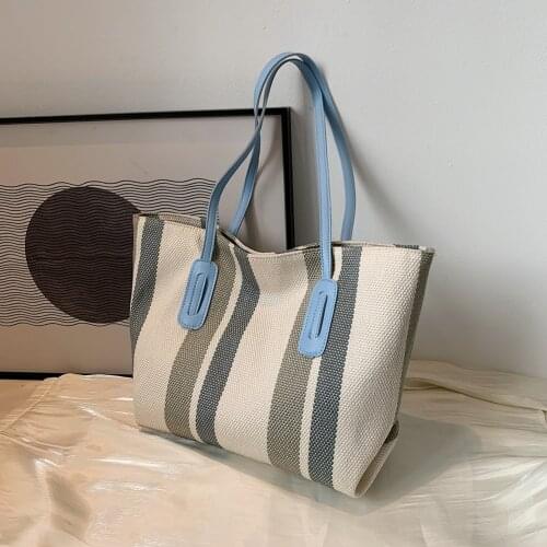 Casual Canvas Fashion Stripes Printing Women Shoulder Handbags Tote Shopping Handbags Ladies Simple Large Capacity Shoulder Bags