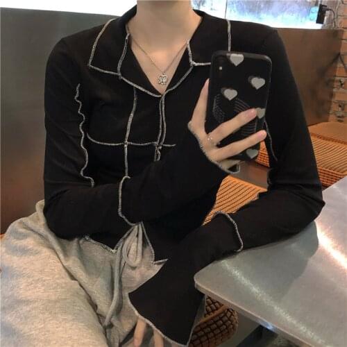 Korean Spring Knitted T-Shirts Women Turn Down Collar White Black Patchwork Knitwear Shirts Tops Simple Streetwear Designer