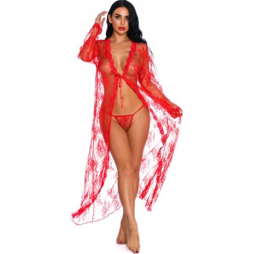 Ladies Long Gowns Black Bridesmaid Robes Lace See Though Bathrobe Kimono Underwear Pink Women Clothes