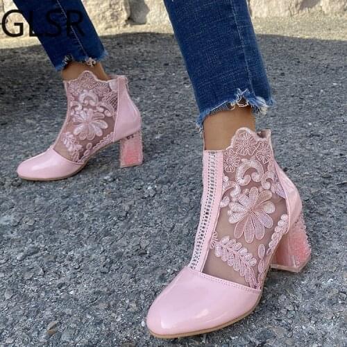2020new woman mesh black ankle boots for women summer square heels boots sandal ladies Round toe Lace boots o478
