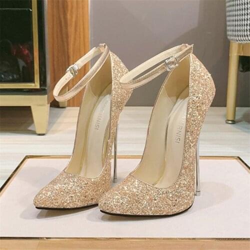 MAIERNISI 2021 Newly Spring Women Pumps 16cm High Thin Heels Sexy Bling Stripper Fetish Women Shoes Gold Silver Black High Heels