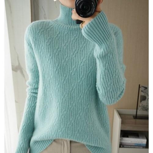 2021 New Womens Sweater 100% Wool Ladies Turtleneck Pullover Pure Color Thickening Warm Sweater Loose Large Size Womens Top