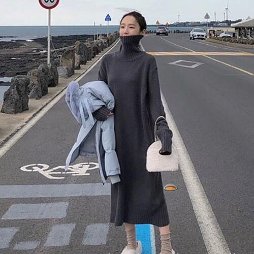 2021 Winter Vestidos Vintage Loose Turtleneck Long Sweater Dress Women Full Sleeve Warm Pullover Knitted Female Dress