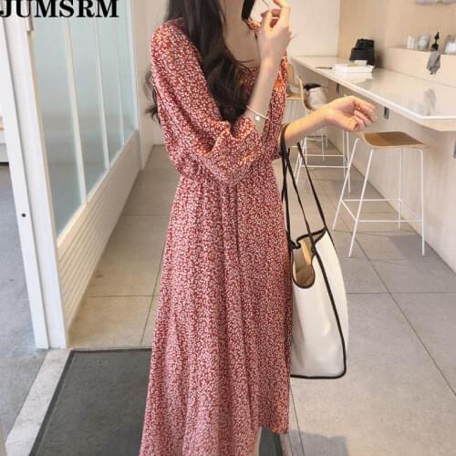 Women Dress 2020 Summer New Elastic Waist Print Floral Party Dresses Vintage Sexy Square Collar Hollow Out Chiffon Long Dress