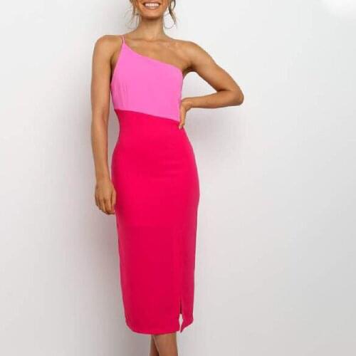 Women Robe Femme Summer Pink Stitching Contrast One Shoulder Dresses Sexy Sling Backless Split One-Step Neckline Dress For Women
