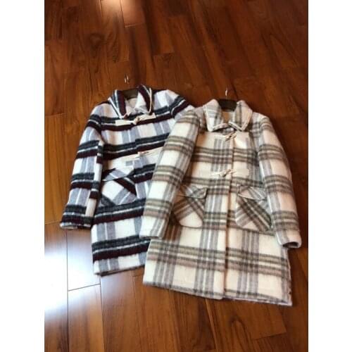 Winter 10.28 Fashion Autumn Wool Coat Patchwork Plaid Beading Lapel Lining Fleece Horn Button Warm Mid-length Outerwear