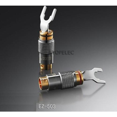 2pcs EIZZ Rhodium Plated Pure Red Copper Y Fork Speaker Spade Plug Connector 24K Gold Plated Body Screw Fix HiFi Audio CD TV AMP