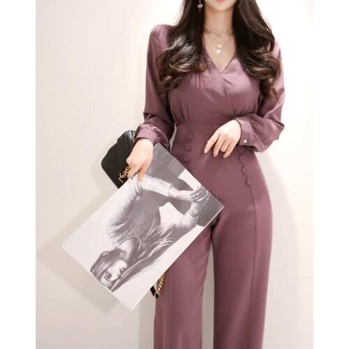 2019 Fall V-neck Kong Sleeve Womens Slim Long Trousers Jumpsuit Double-breasted Elegant Office Lady Long Overalls Pantalones