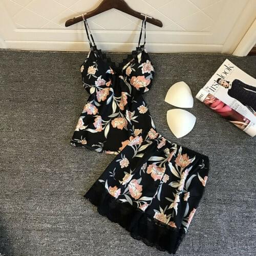 4 Colors Women Summer Satin Lace Sleepwear Pajama Sets Female Floral Printed Nightwear Tanks Shorts Sleepwear Pajama Set