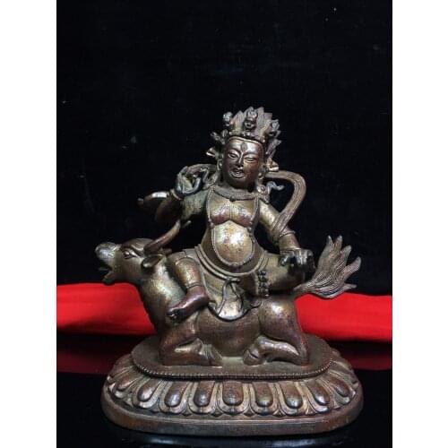 9" Tibet Buddhism Old Bronze Cinnabar Lacquer Black God of Wealth statue Treasure King Ride the green bull Buddha statue